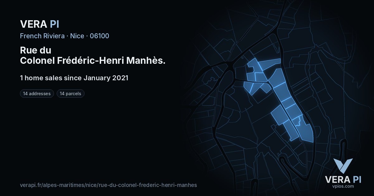 Rue du Colonel Frédéric-Henri Manhès, Nice at night – every parcel coloured by the prices around it, the street's own parcels lit