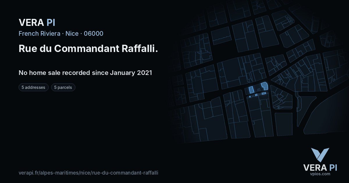 Rue du Commandant Raffalli, Nice at night – every parcel coloured by the prices around it, the street's own parcels lit
