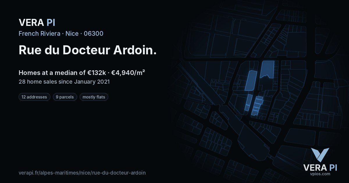 Rue du Docteur Ardoin, Nice at night – every parcel coloured by the prices around it, the street's own parcels lit