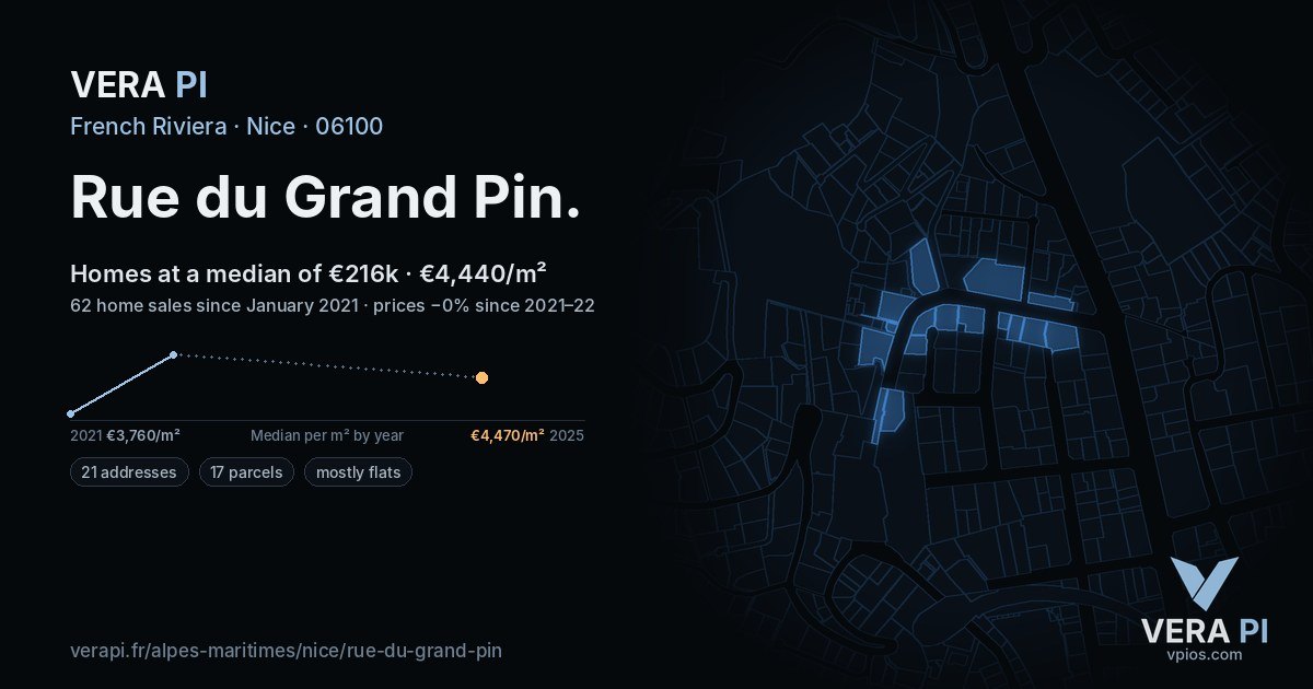 Rue du Grand Pin, Nice at night – every parcel coloured by the prices around it, the street's own parcels lit