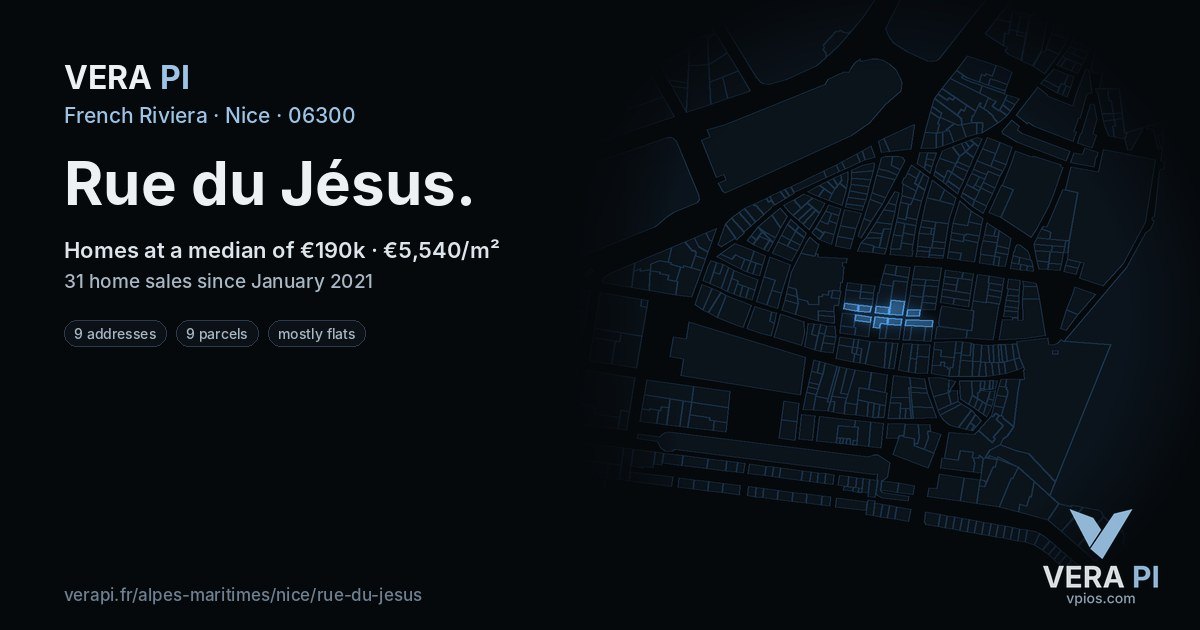 Rue du Jésus, Nice at night – every parcel coloured by the prices around it, the street's own parcels lit
