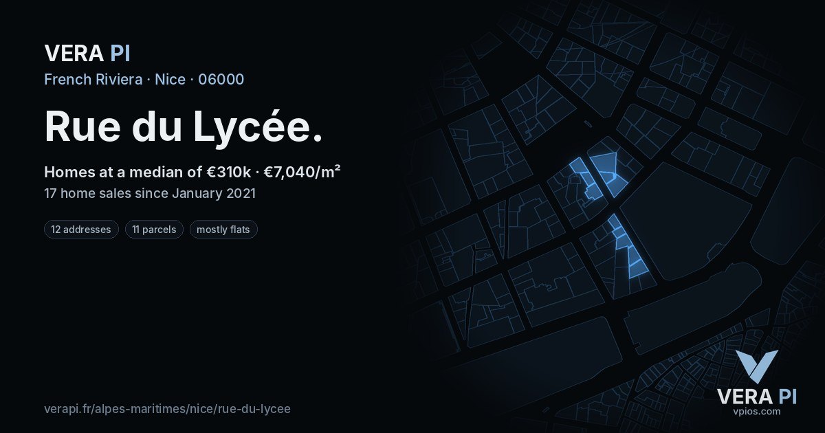 Rue du Lycée, Nice at night – every parcel coloured by the prices around it, the street's own parcels lit