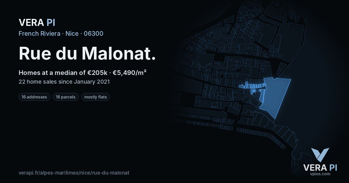Rue du Malonat, Nice at night – every parcel coloured by the prices around it, the street's own parcels lit