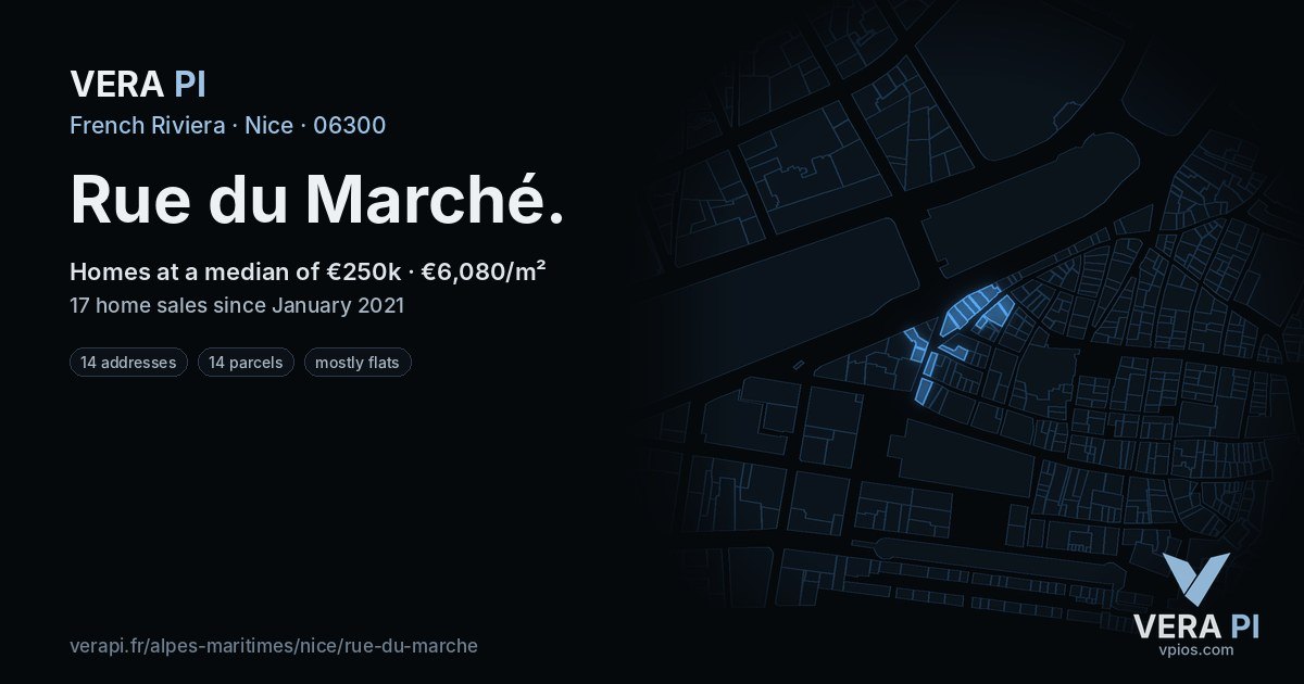 Rue du Marché, Nice at night – every parcel coloured by the prices around it, the street's own parcels lit