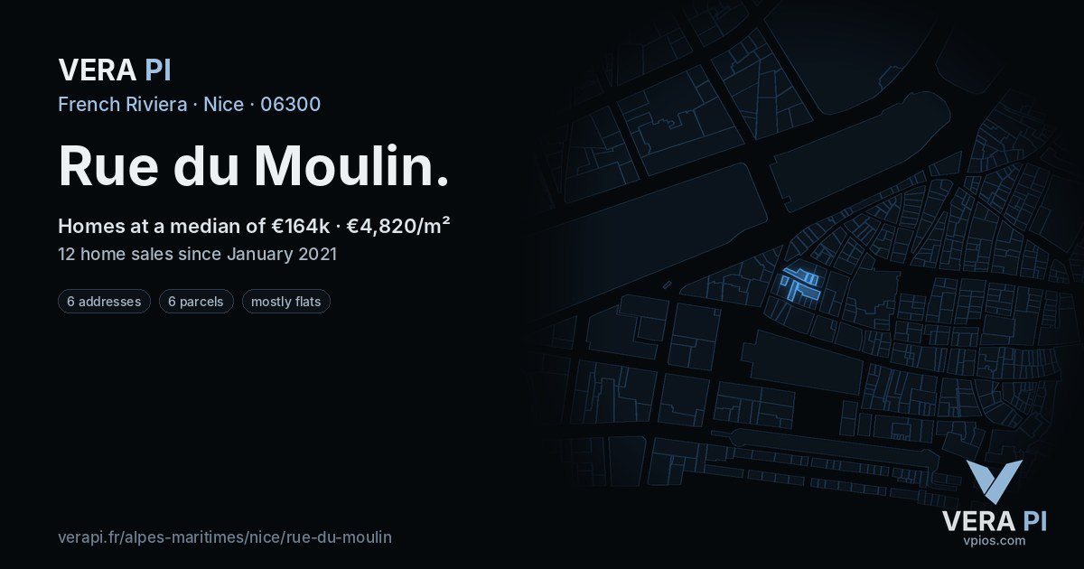 Rue du Moulin, Nice at night – every parcel coloured by the prices around it, the street's own parcels lit