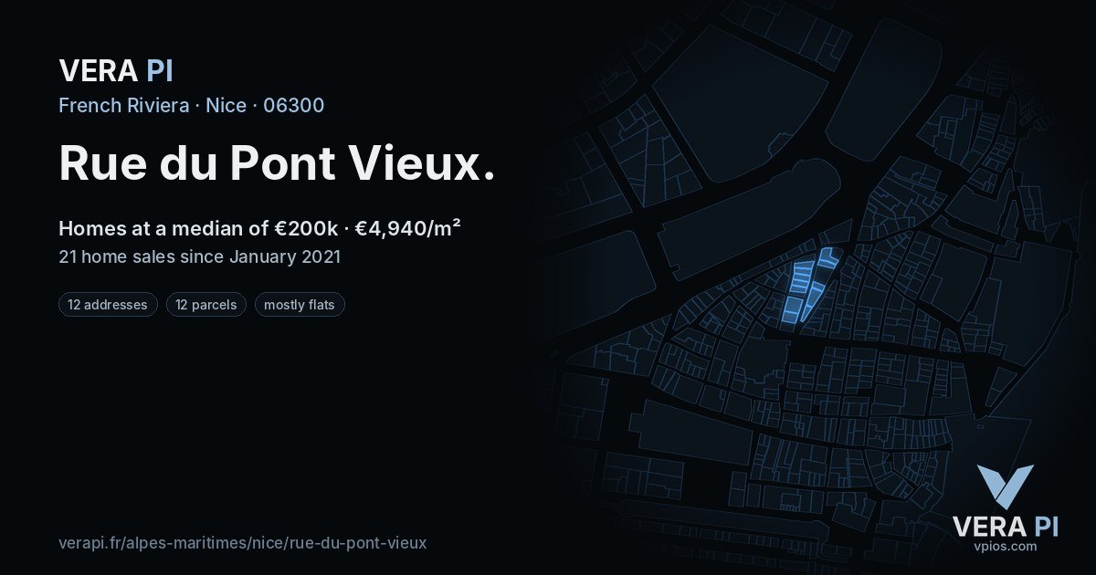 Rue du Pont Vieux, Nice at night – every parcel coloured by the prices around it, the street's own parcels lit