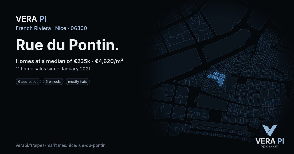 Rue du Pontin, Nice at night – every parcel coloured by the prices around it, the street's own parcels lit