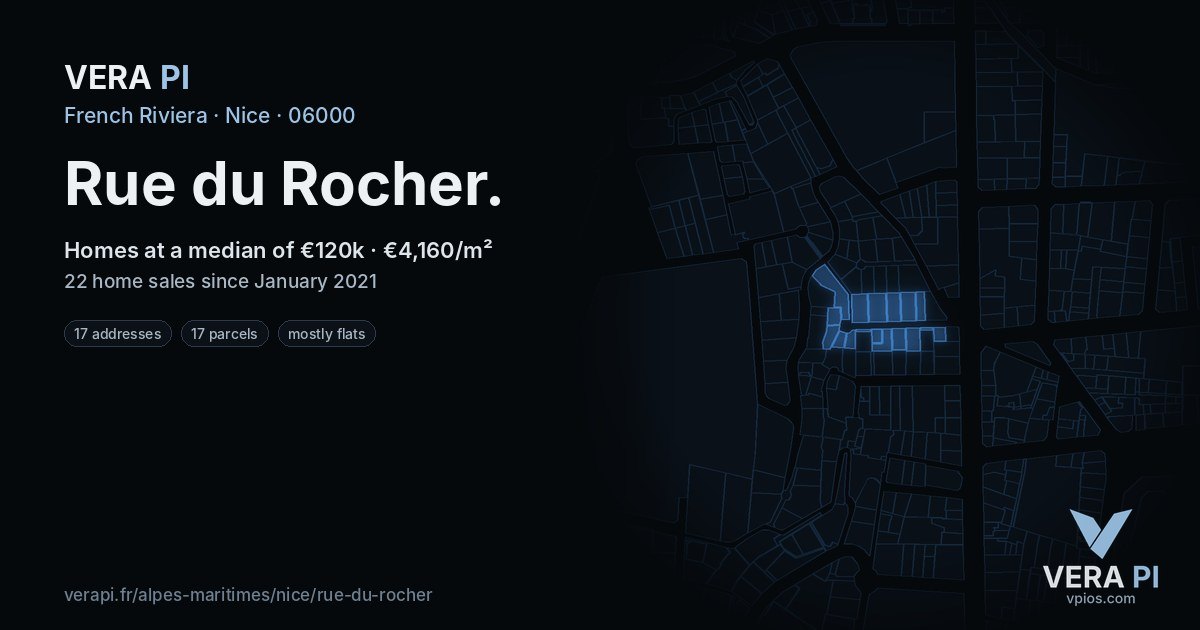 Rue du Rocher, Nice at night – every parcel coloured by the prices around it, the street's own parcels lit