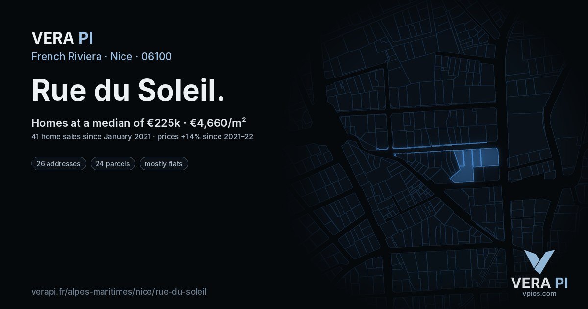 Rue du Soleil, Nice at night – every parcel coloured by the prices around it, the street's own parcels lit