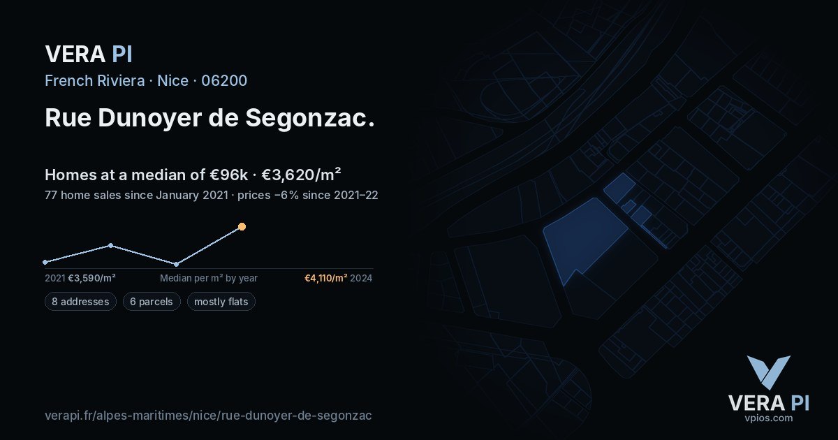 Rue Dunoyer de Segonzac, Nice at night – every parcel coloured by the prices around it, the street's own parcels lit
