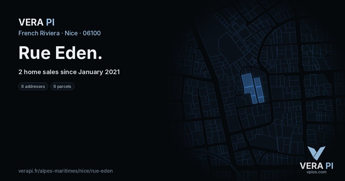 Rue Eden, Nice at night – every parcel coloured by the prices around it, the street's own parcels lit