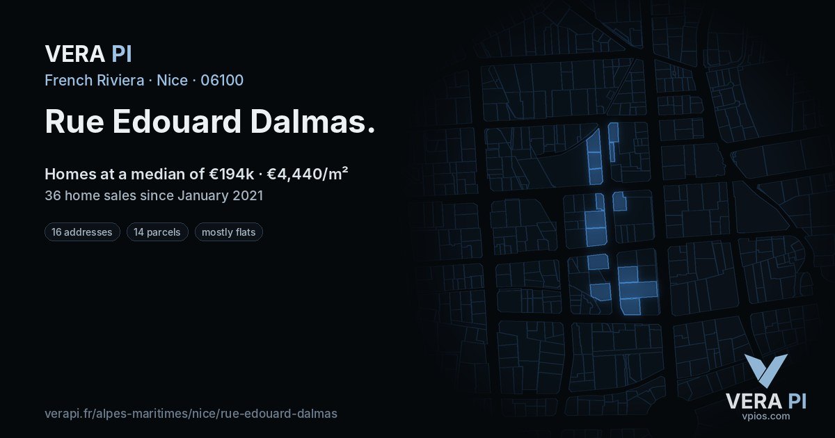 Rue Edouard Dalmas, Nice at night – every parcel coloured by the prices around it, the street's own parcels lit