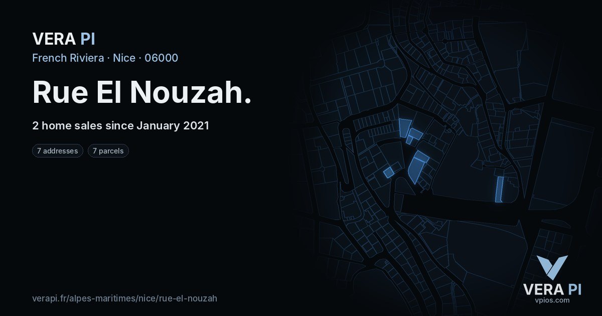 Rue El Nouzah, Nice at night – every parcel coloured by the prices around it, the street's own parcels lit