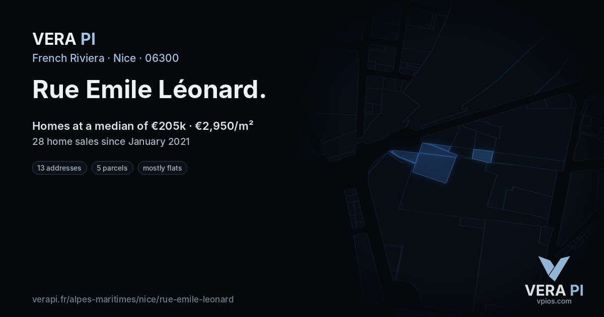 Rue Emile Léonard, Nice at night – every parcel coloured by the prices around it, the street's own parcels lit