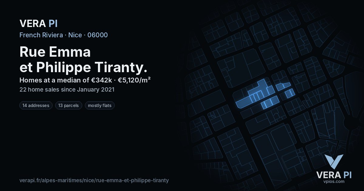 Rue Emma et Philippe Tiranty, Nice at night – every parcel coloured by the prices around it, the street's own parcels lit