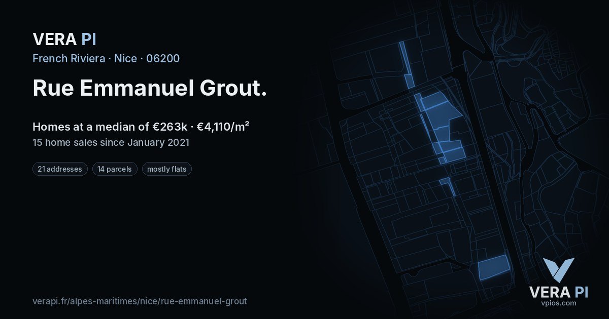 Rue Emmanuel Grout, Nice at night – every parcel coloured by the prices around it, the street's own parcels lit