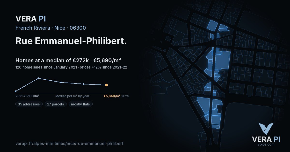 Rue Emmanuel-Philibert, Nice at night – every parcel coloured by the prices around it, the street's own parcels lit