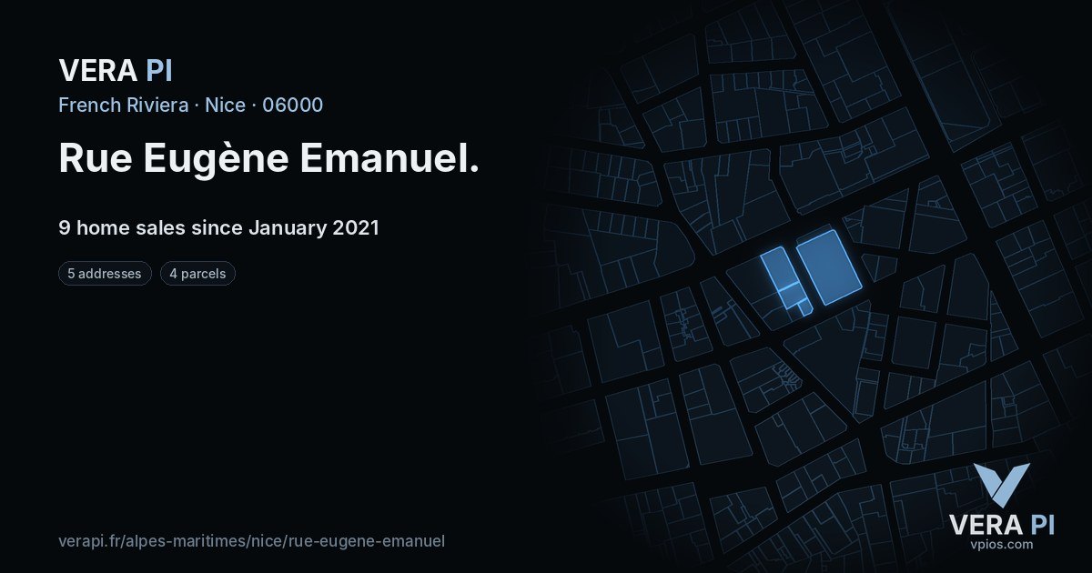 Rue Eugène Emanuel, Nice at night – every parcel coloured by the prices around it, the street's own parcels lit
