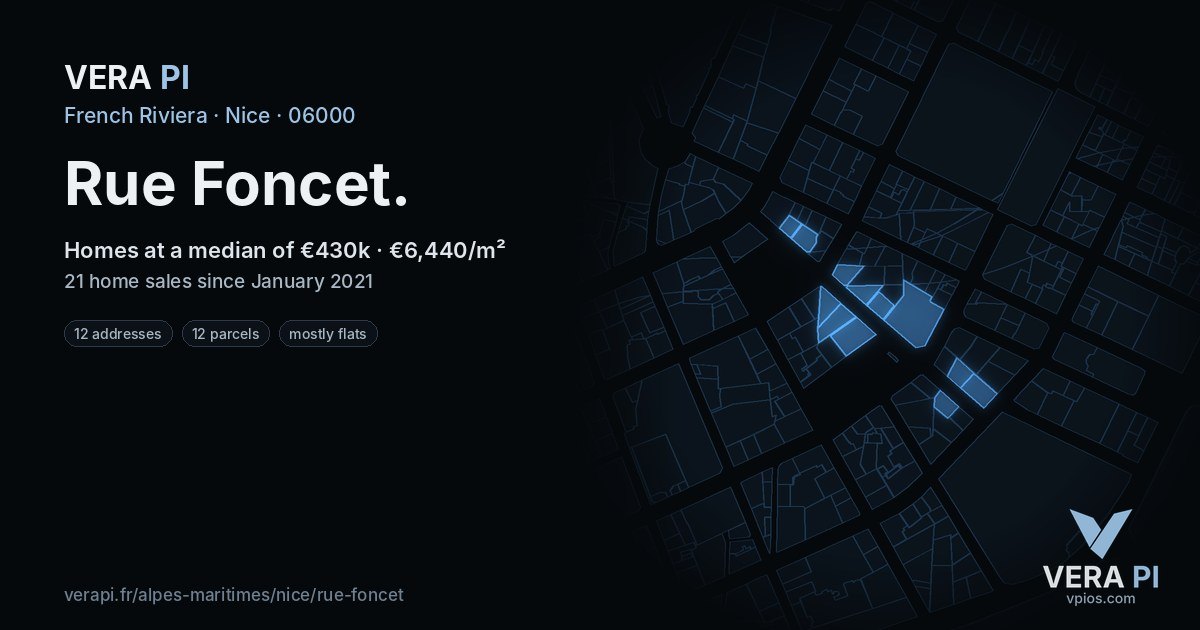 Rue Foncet, Nice at night – every parcel coloured by the prices around it, the street's own parcels lit