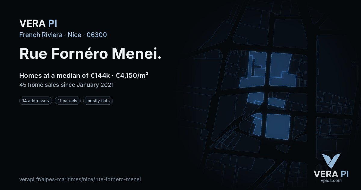 Rue Fornéro Menei, Nice at night – every parcel coloured by the prices around it, the street's own parcels lit