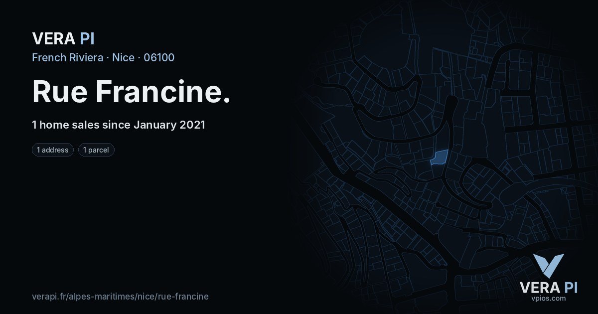 Rue Francine, Nice at night – every parcel coloured by the prices around it, the street's own parcels lit