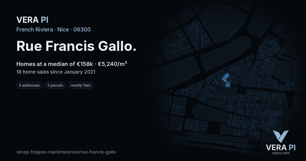 Rue Francis Gallo, Nice at night – every parcel coloured by the prices around it, the street's own parcels lit