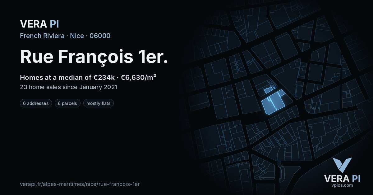 Rue François 1er, Nice at night – every parcel coloured by the prices around it, the street's own parcels lit