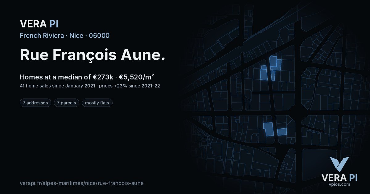 Rue François Aune, Nice at night – every parcel coloured by the prices around it, the street's own parcels lit