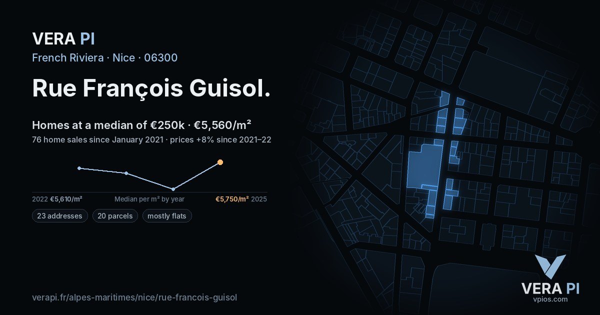 Rue François Guisol, Nice at night – every parcel coloured by the prices around it, the street's own parcels lit