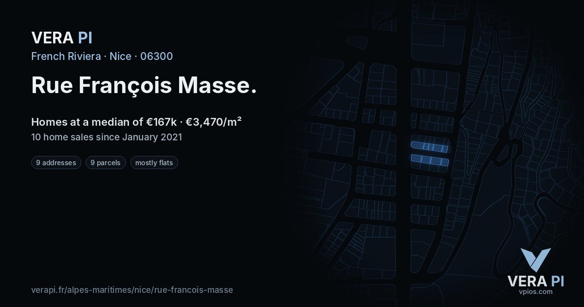 Rue François Masse, Nice at night – every parcel coloured by the prices around it, the street's own parcels lit