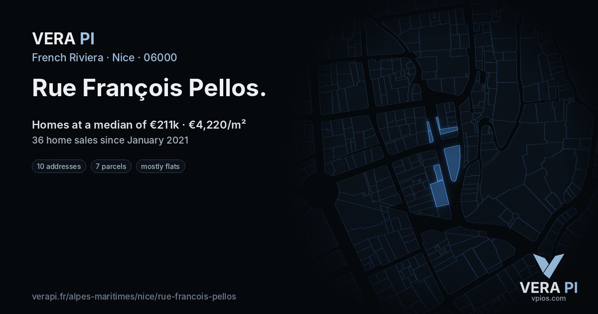 Rue François Pellos, Nice at night – every parcel coloured by the prices around it, the street's own parcels lit