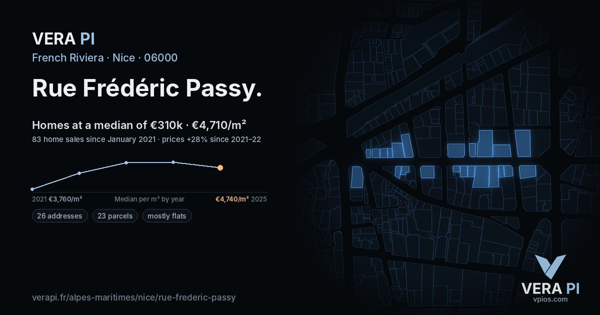 Rue Frédéric Passy, Nice at night – every parcel coloured by the prices around it, the street's own parcels lit