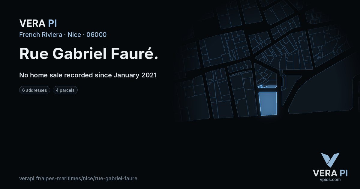 Rue Gabriel Fauré, Nice at night – every parcel coloured by the prices around it, the street's own parcels lit