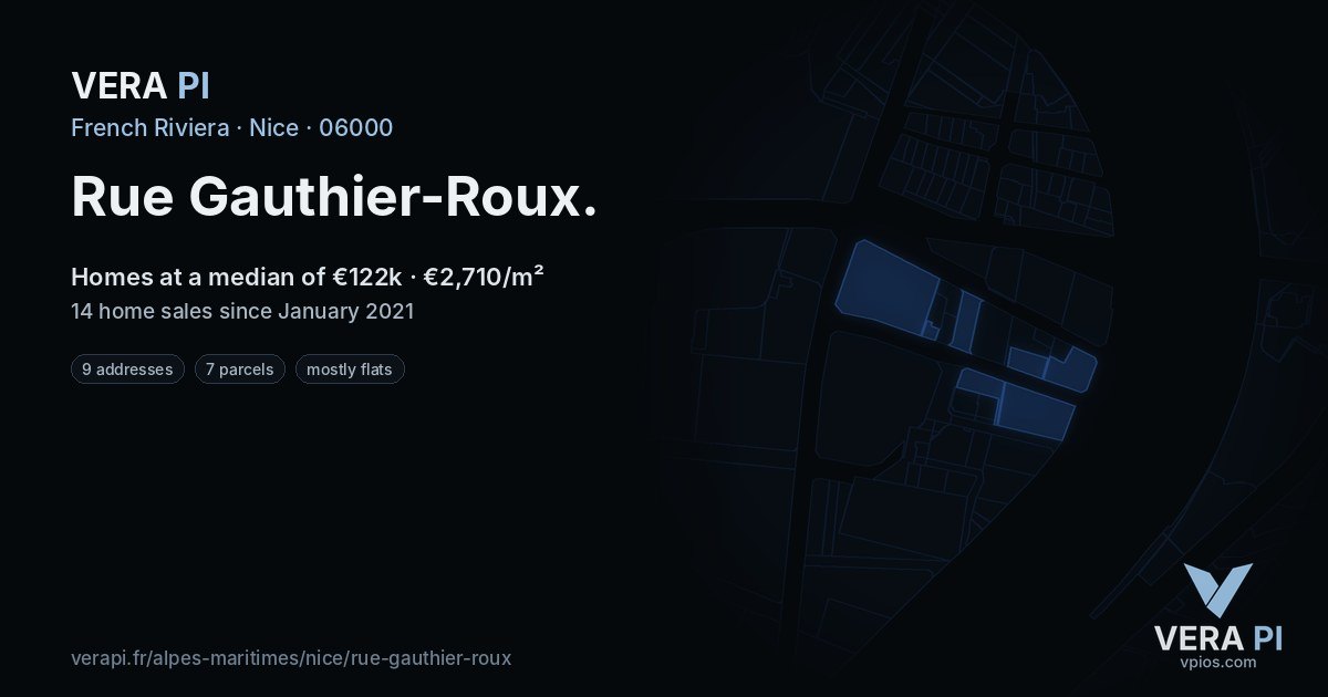 Rue Gauthier-Roux, Nice at night – every parcel coloured by the prices around it, the street's own parcels lit
