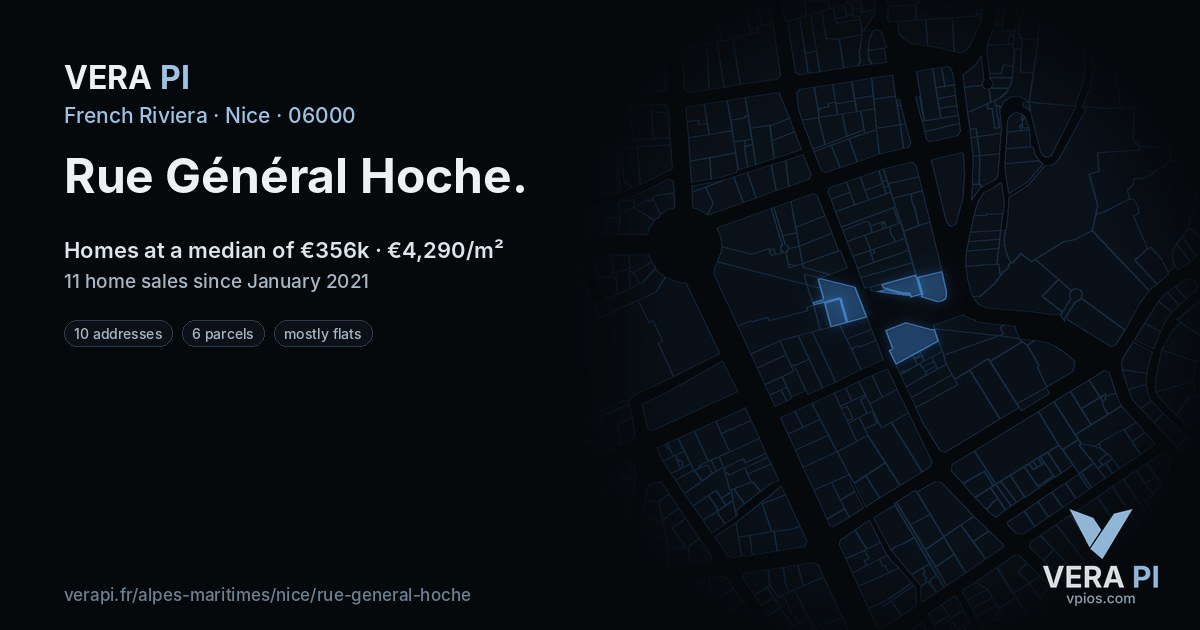 Rue Général Hoche, Nice at night – every parcel coloured by the prices around it, the street's own parcels lit