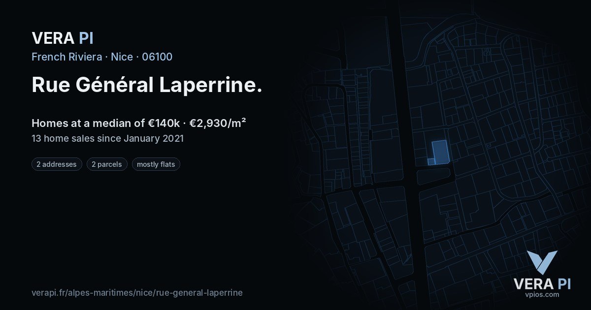 Rue Général Laperrine, Nice at night – every parcel coloured by the prices around it, the street's own parcels lit