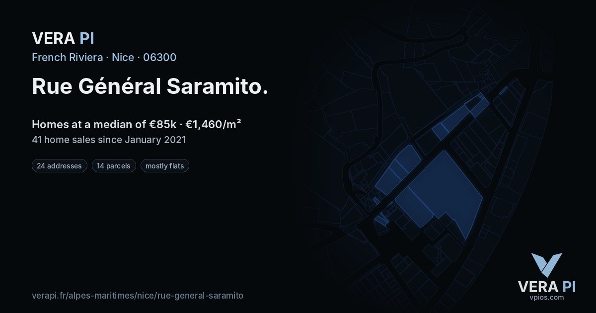 Rue Général Saramito, Nice at night – every parcel coloured by the prices around it, the street's own parcels lit