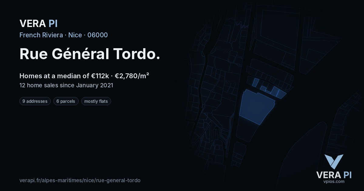 Rue Général Tordo, Nice at night – every parcel coloured by the prices around it, the street's own parcels lit