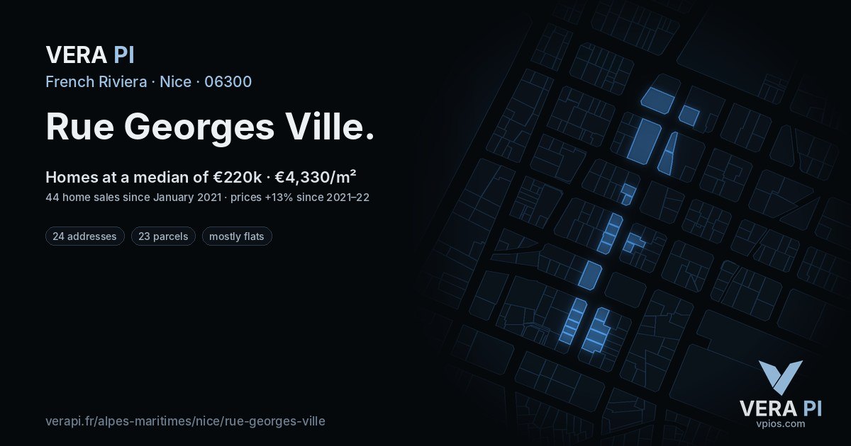 Rue Georges Ville, Nice at night – every parcel coloured by the prices around it, the street's own parcels lit