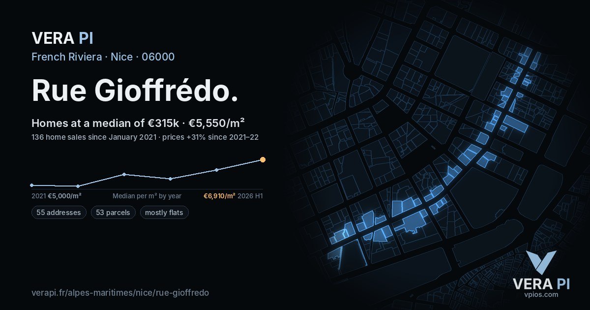 Rue Gioffrédo, Nice at night – every parcel coloured by the prices around it, the street's own parcels lit
