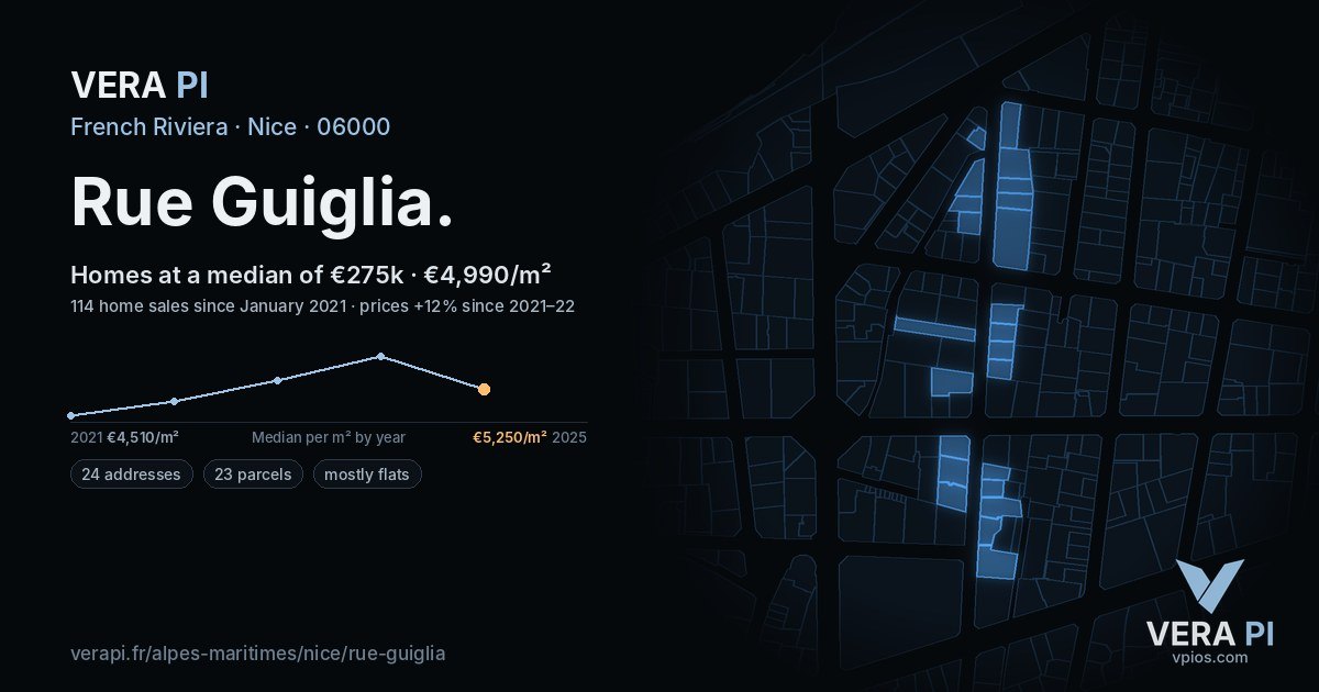 Rue Guiglia, Nice at night – every parcel coloured by the prices around it, the street's own parcels lit