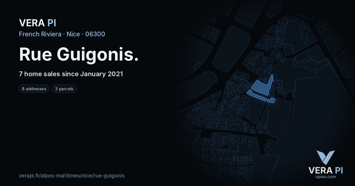 Rue Guigonis, Nice at night – every parcel coloured by the prices around it, the street's own parcels lit
