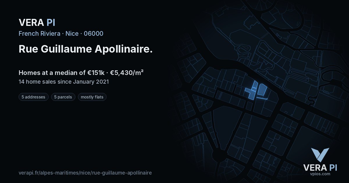 Rue Guillaume Apollinaire, Nice at night – every parcel coloured by the prices around it, the street's own parcels lit