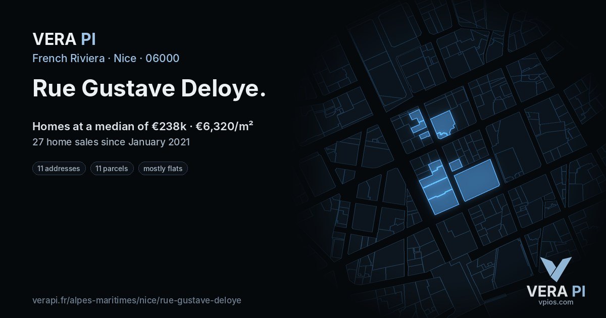 Rue Gustave Deloye, Nice at night – every parcel coloured by the prices around it, the street's own parcels lit