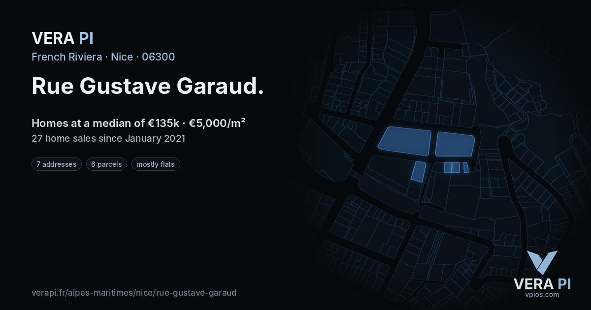 Rue Gustave Garaud, Nice at night – every parcel coloured by the prices around it, the street's own parcels lit