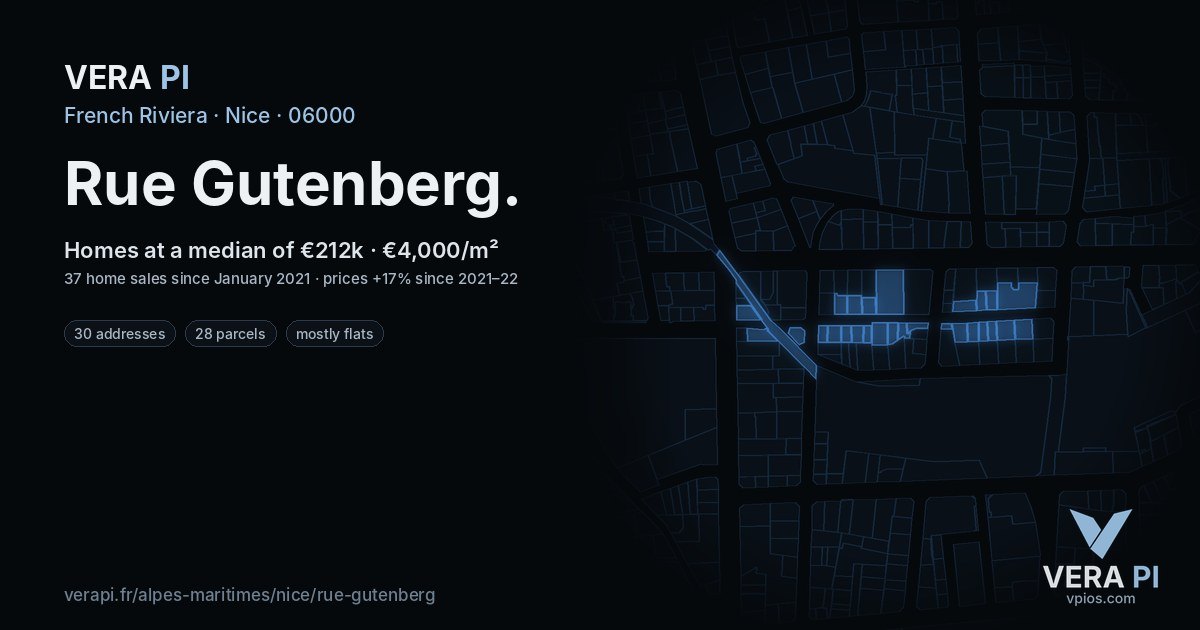 Rue Gutenberg, Nice at night – every parcel coloured by the prices around it, the street's own parcels lit