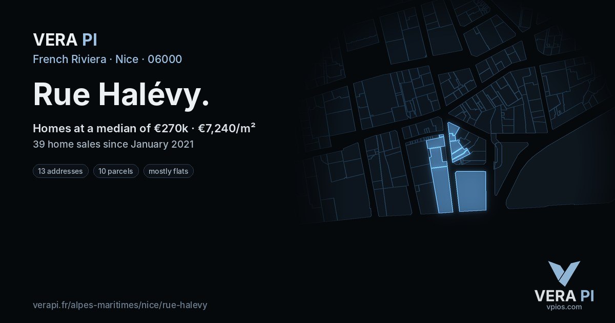 Rue Halévy, Nice at night – every parcel coloured by the prices around it, the street's own parcels lit