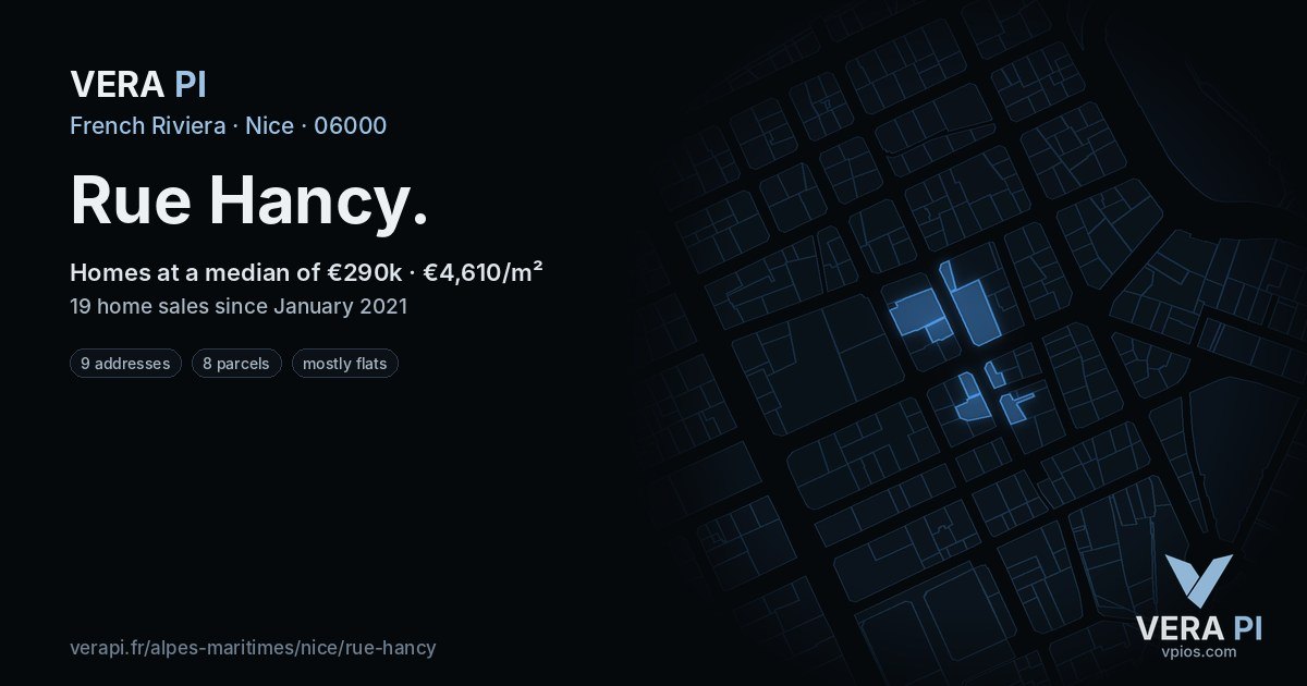 Rue Hancy, Nice at night – every parcel coloured by the prices around it, the street's own parcels lit