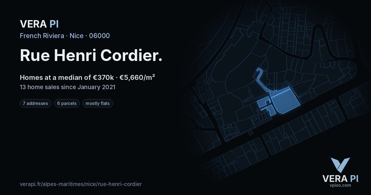 Rue Henri Cordier, Nice at night – every parcel coloured by the prices around it, the street's own parcels lit