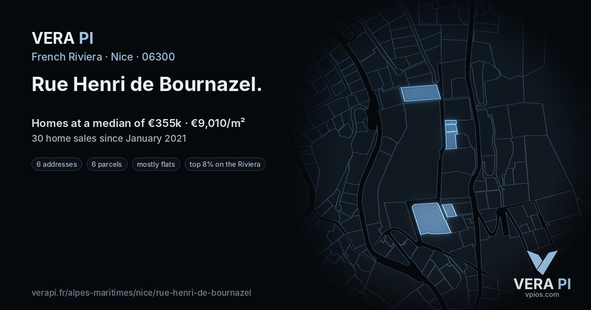 Rue Henri de Bournazel, Nice at night – every parcel coloured by the prices around it, the street's own parcels lit